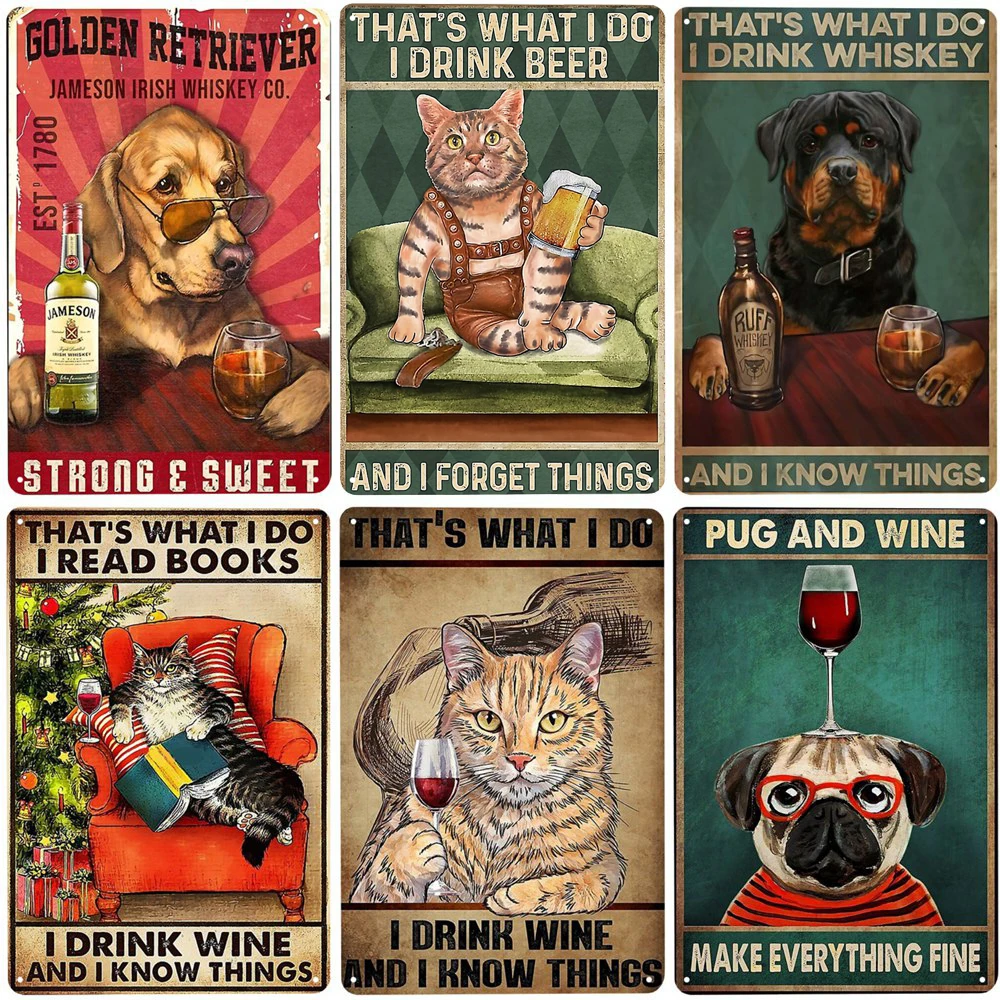 Beer Wine Gin - Kediler ve Şarap Vintage Metal Tabela